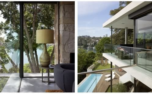 detalle salón con muro de piedra y terraza con chimenea