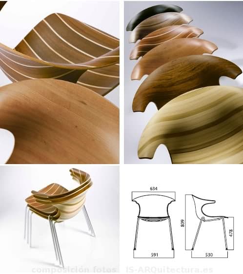 moderna silla apilable en diferentes maderas