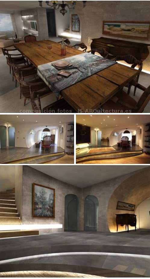 renders de la parte del comedor con los muebles antiguos