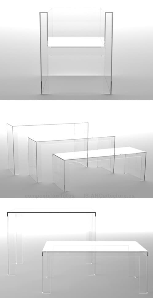 muebles-transparentes-acrilico-yoshioka, silla, mesas y banco