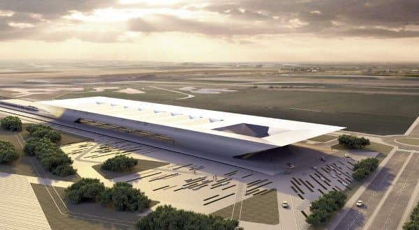 Estacion-terminal-AVE-Huelva-Rafael_de_la_Hoz, render con vista aérea