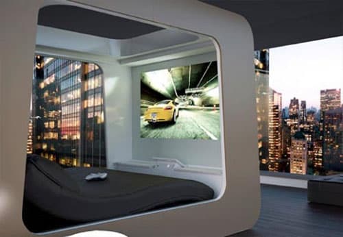 moderna cama-con-dosel-Hi-Can, con proyección de vídeo sobre pantalla