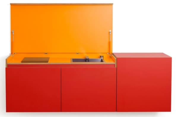 Miniki-cocinas-modernas-compactas en color rojo y naranja