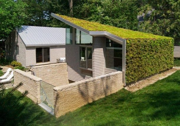 exterior casa de campo fachada-techo-verde