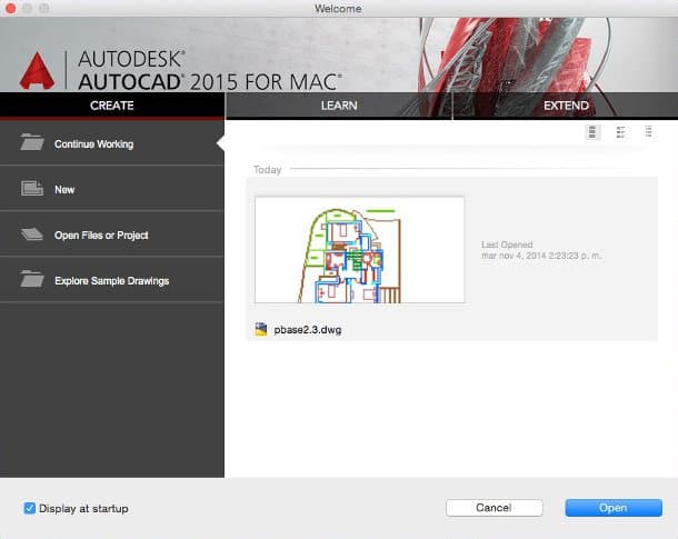 AutoCAD 2015 para Mac, panel de inicio
