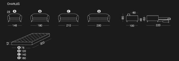 sofá cama Charles - dimensiones versiones