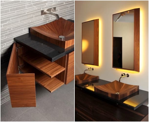 mueble con lavabos de chapa de madera