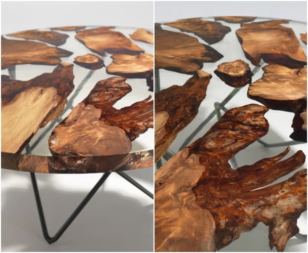 mesa Earth detalles tablero resina y madera kauri